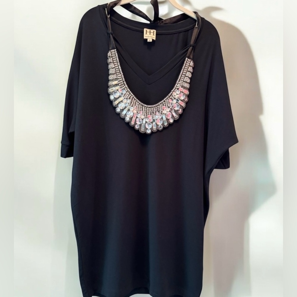 HAUTE HIPPIE Black Mini Shift Dress with Rhinestone Bib size M